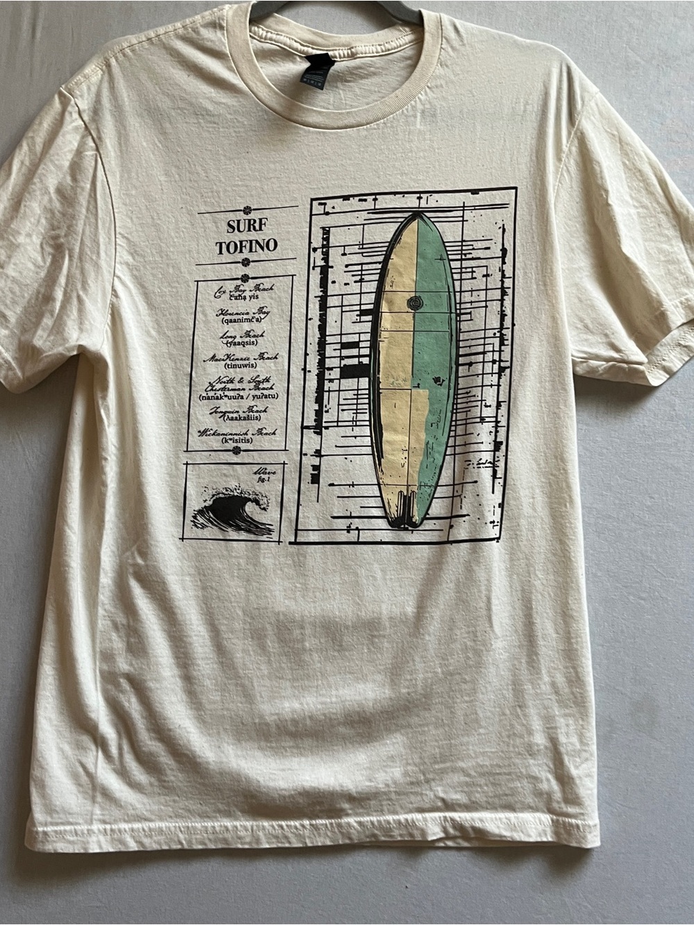 Surf Tofino Graphic Crew Neck T-Shirt Cream Beige Mens Size M